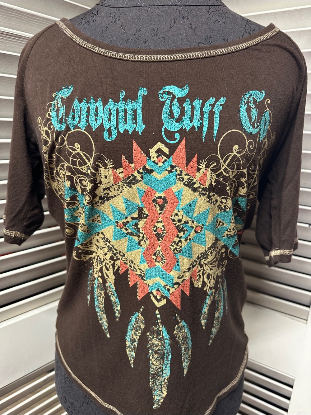 Cowgirl Tuff Brown Short-Sleeve Aztec Graphic Tee with Turquoise & Coral